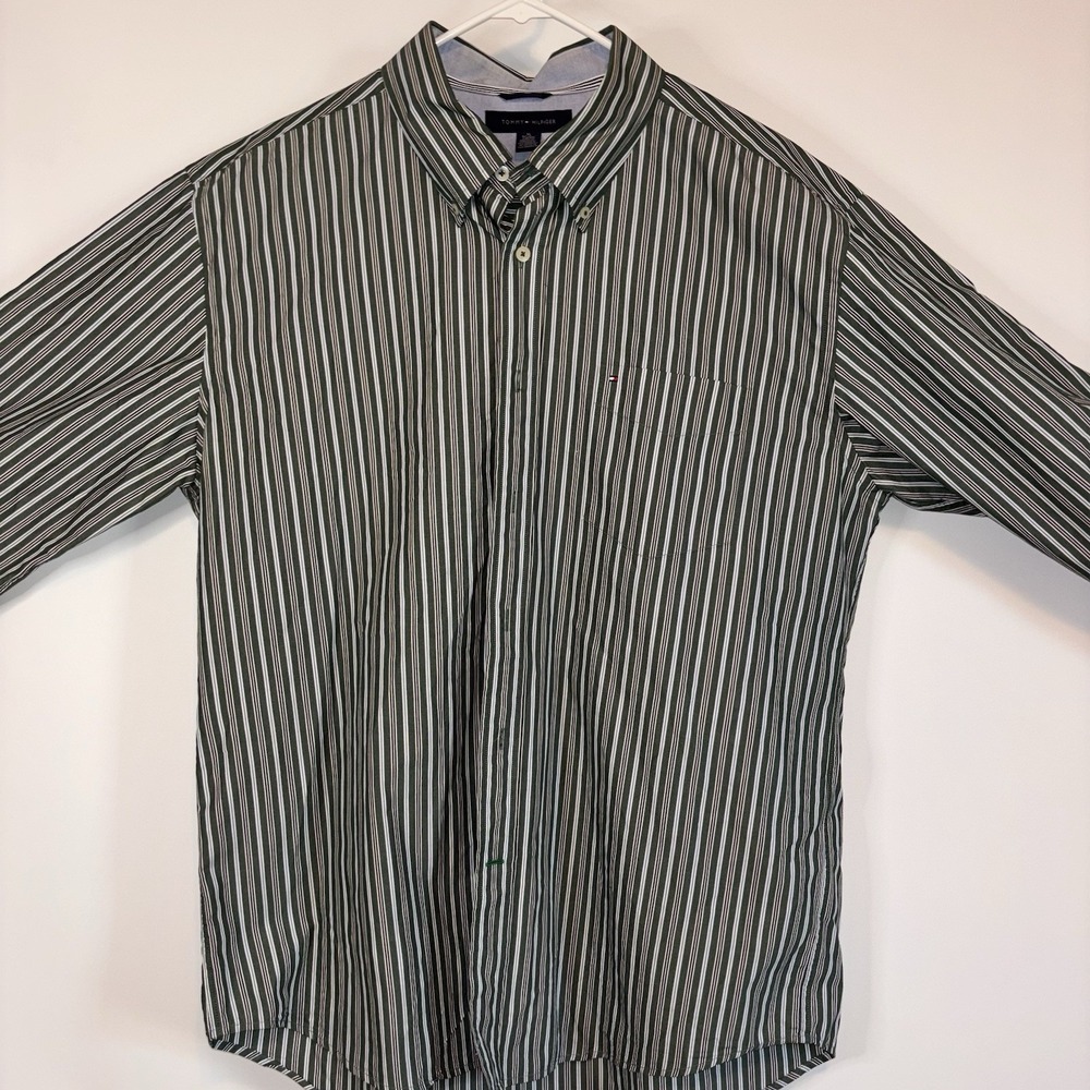 Tommy Hilfiger Men's XL Green White Striped‎ Button Down Shirt 100% Cotton